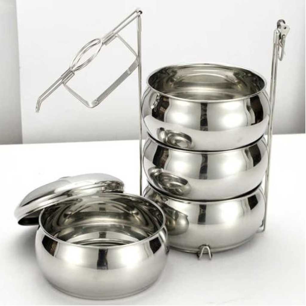 Steel Belly Food Carrier, Tiffin Lunch Box With 4 Container, 25 cm- Silver. Lunch Boxes TilyExpress