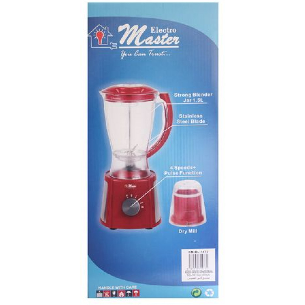 Electro Master EM-BL-1473 Unbreakable Jar Blender 1.5L with copper motor- Red