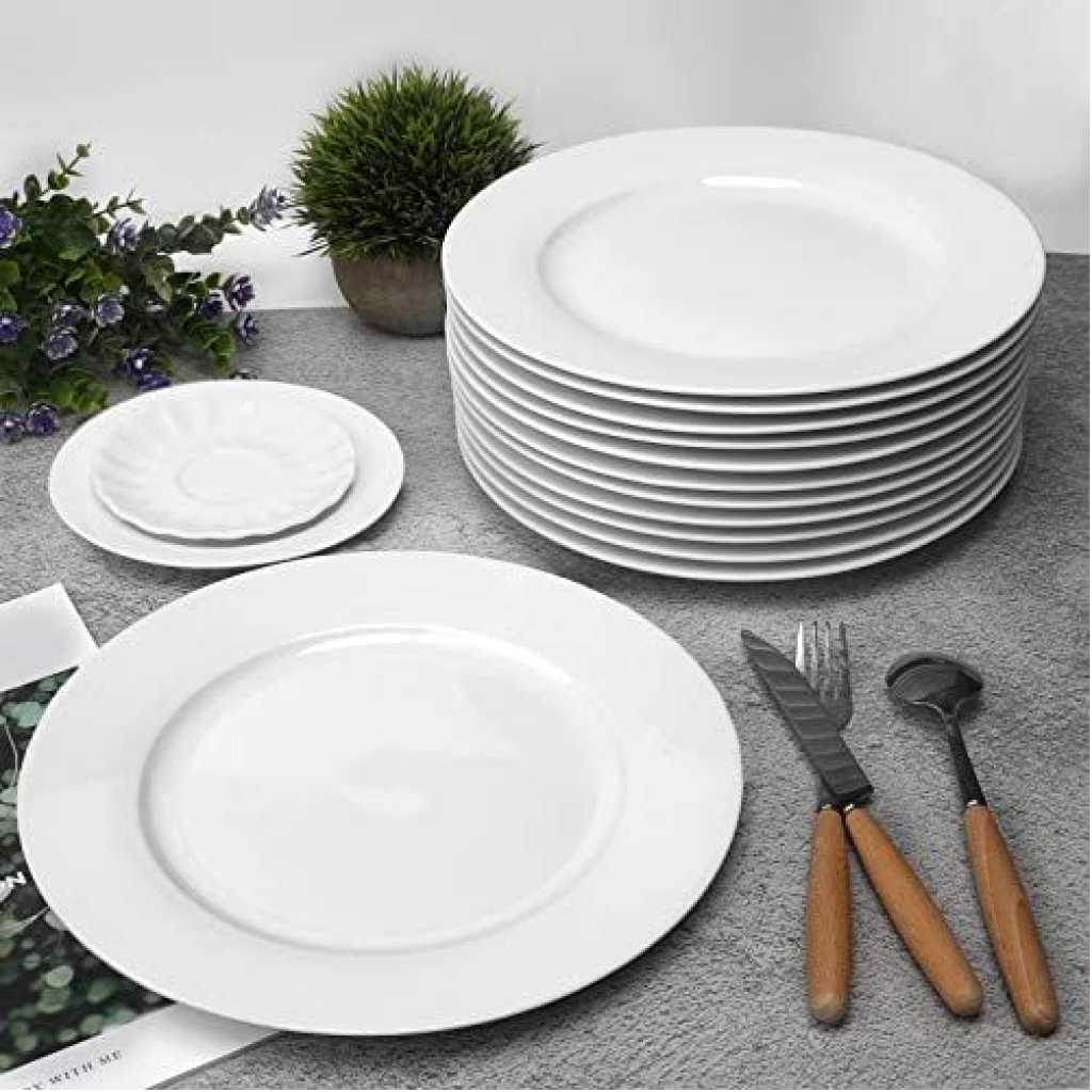 8 Inch 12-Piece Porcelain Salad, Dessert Dinner Serving Plates-White