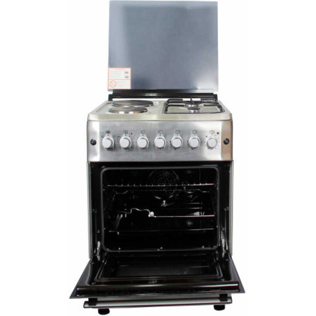 BlueFlame Cooker 60x60cm, 2 Gas Burners And 2 Electric Plates; S6022ERF – IP With Electric Oven& Grill, Auto Ignition, Rotisserie, Oven Lamp  - Inox