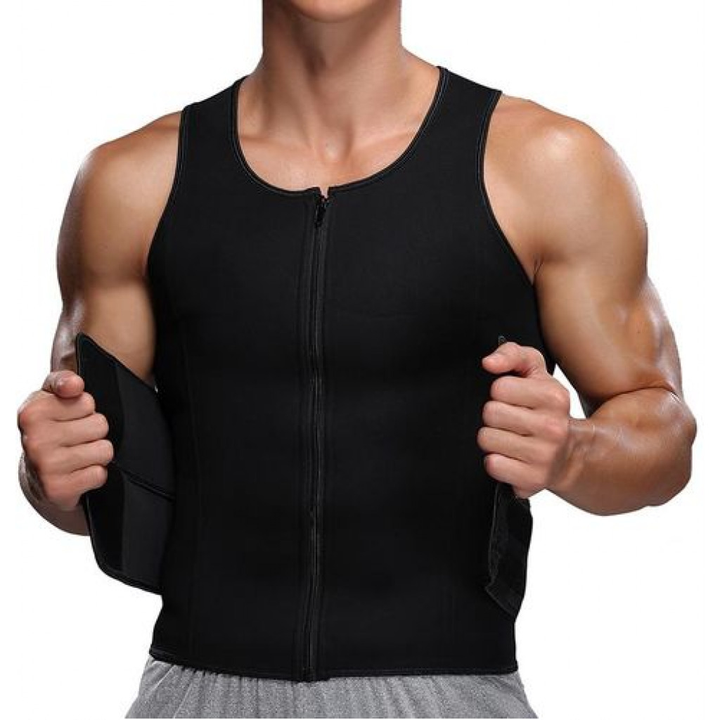 Men Waist Trainer Zipper Sweat Suit Tank Top Workout Trimmer Sauna Vest -Black