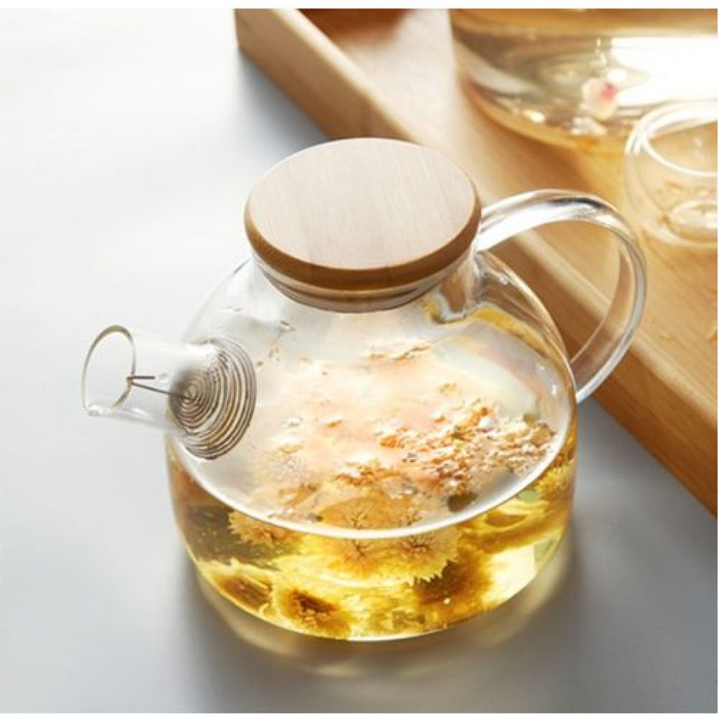 1000ml Glass Teapot Kettle With Whistle Infuser & Bamboo Lid- Clear