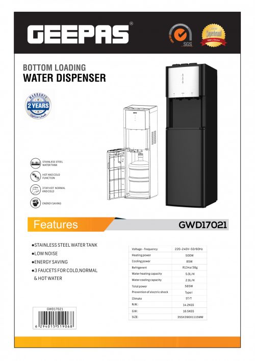 Geepas GWD17021 Bottom Load Water Dispenser - Normal, Hot & Cold Water Dispenser Stainless Steel Tank, 5L