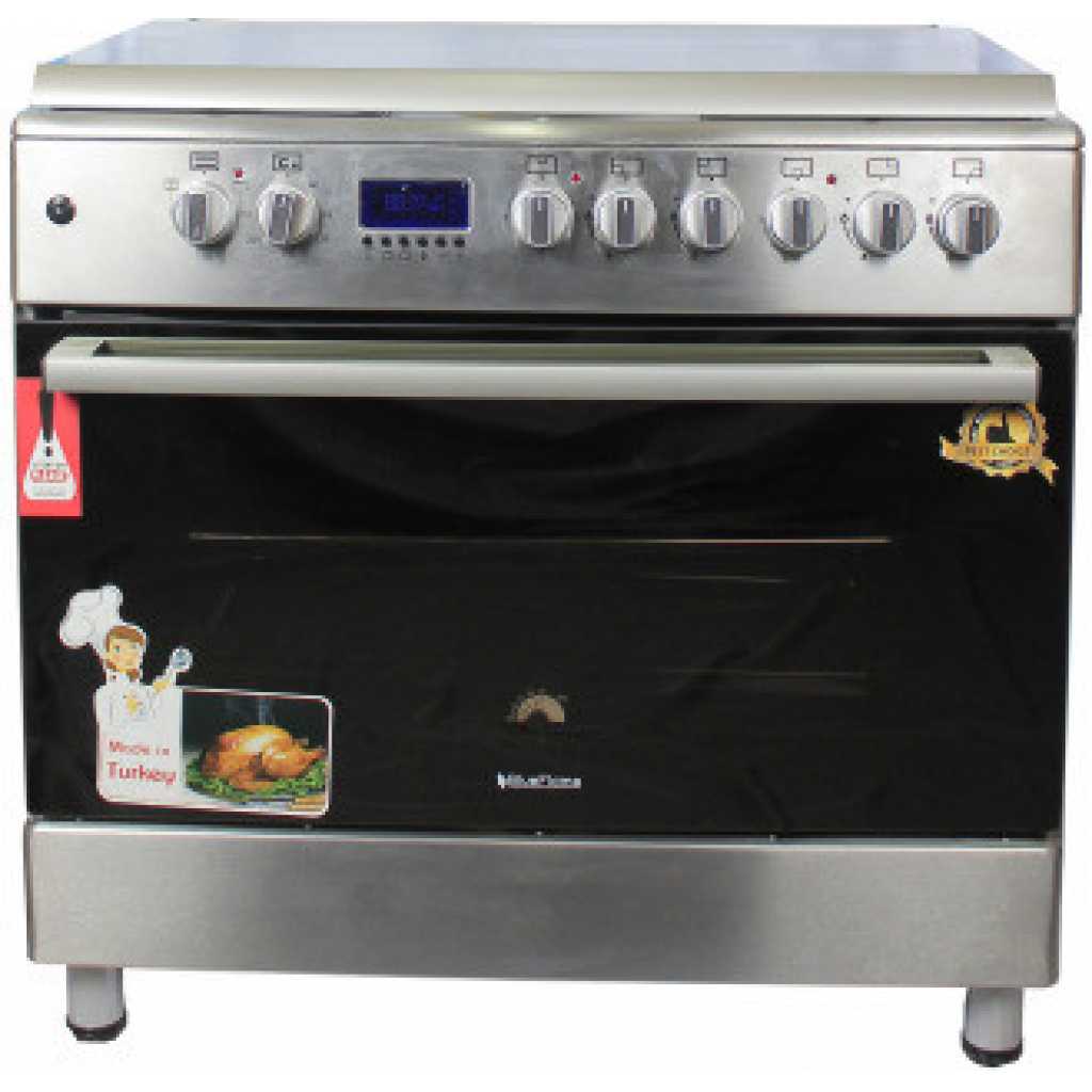 BlueFlame 90x60cm Cooker E9042ERF; 4 Gas Burners + 2 Electric Hotplates, Auto Ignition, Thermostat, Electric Oven & Grill, Oven Fan, Oven Lamp, Rotisserie, Digital Timer, Cast Iron Pan Supports, Glass Lid - Inox