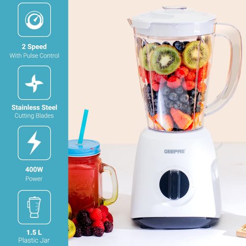 Geepas GSB44027 500W 2 in 1 Multifunctional Blender | Stainless Steel Blades, 2 Speed Control with Pulse | 1.5L Jar, Interlock Protection| Ice Crusher, Chopper, Coffee Grinder & Smoothie Maker