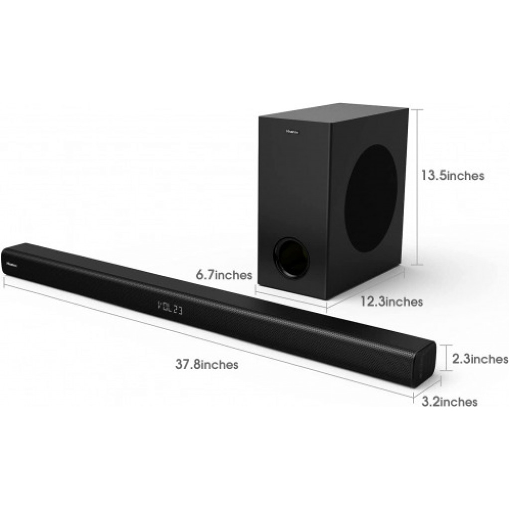 Hisense Sound Bar HS218 2.1ch; With Wireless Subwoofer, 200W, Powered by Dolby Audio, Roku TV ready, Bluetooth, HDMI ARC/Optical/AUX/USB, 3 EQ Mode Home Theatre System