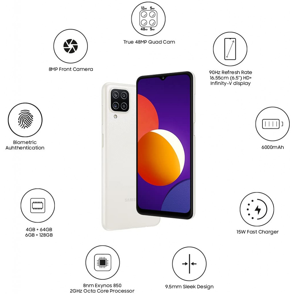 Samsung Galaxy M12 (White,4GB RAM, 64GB Storage) 6000 mAh with 8nm Processor | True 48 MP Quad Camera | 90Hz Refresh Rate