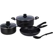 Royalford 7 Pieces Aluminium Cookware Set, Black, Rf8948, Scratch Resistant, Tempered Glass Lids, 2.5MM Body Thickness, Bakelite Knobs, and CD Bottom