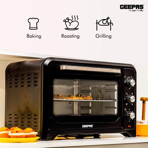 Geepas 42L GO4450 Mini Oven & Rotisserie – Electric Oven 2000W & 60 Minutes Timer – Grill Function & 6 Selectors for Baking, Roasting & Grilling - Accessories Included – 2 Years Warranty