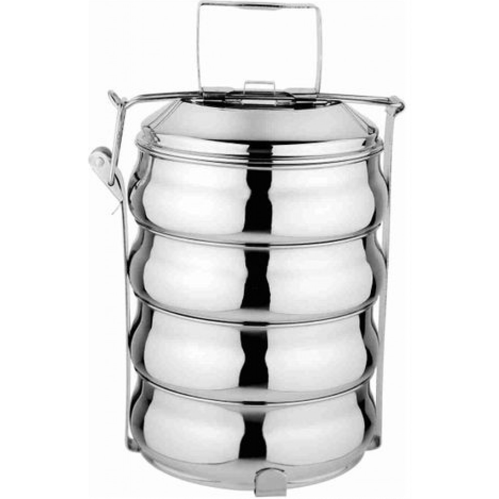 Steel Belly Food Carrier, Tiffin Lunch Box With 4 Container, 25 cm- Silver.