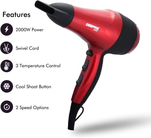 GEEPAS GHD86018,Geepas Hair Dryer/2Spd-3Heat/Coolshot/Ionic, red