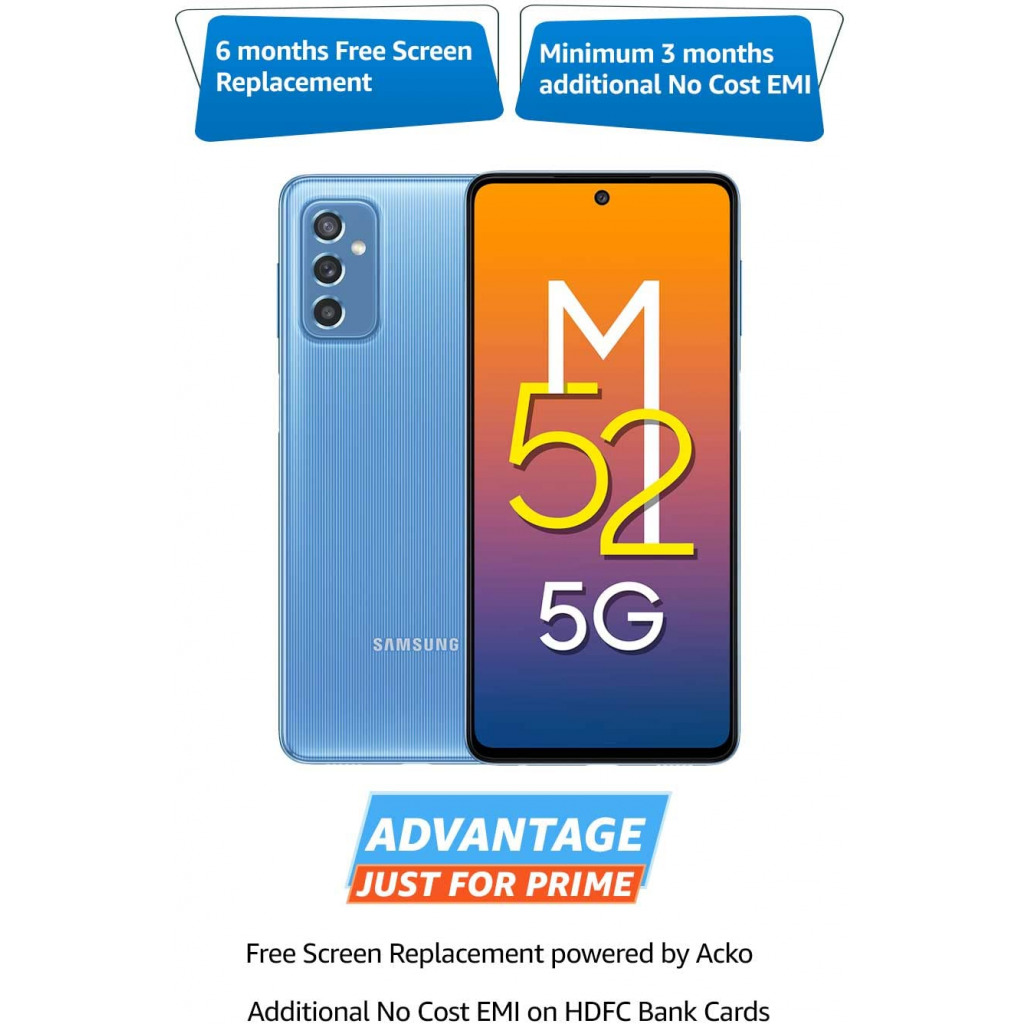 Samsung Galaxy M52 5G (ICY Blue, 8GB RAM, 128GB Storage) 64MP 5000mAH| sAMOLED 120Hz Display