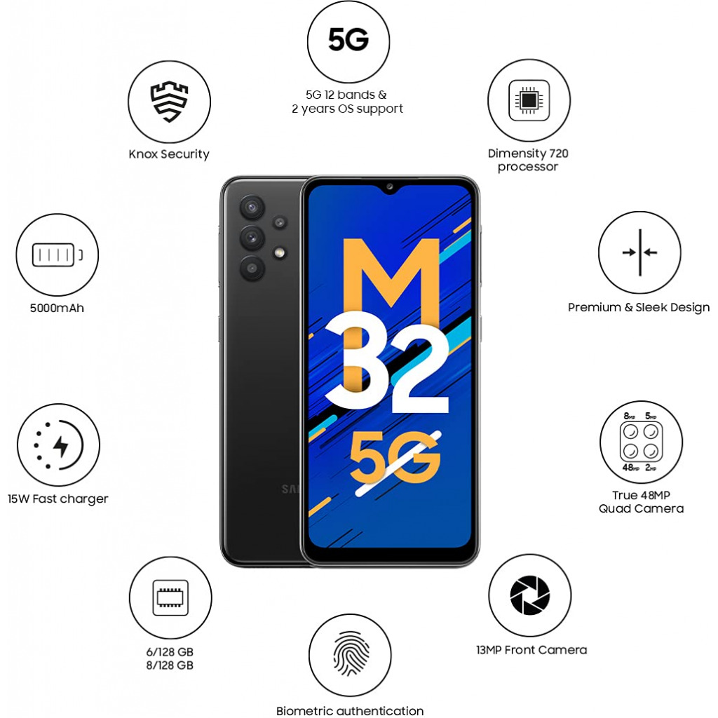 Samsung Galaxy M32 5G (Slate Black, 8GB RAM, 128GB Storage) | Dimensity 720 Processor | 5000mAh Battery| Knox Security