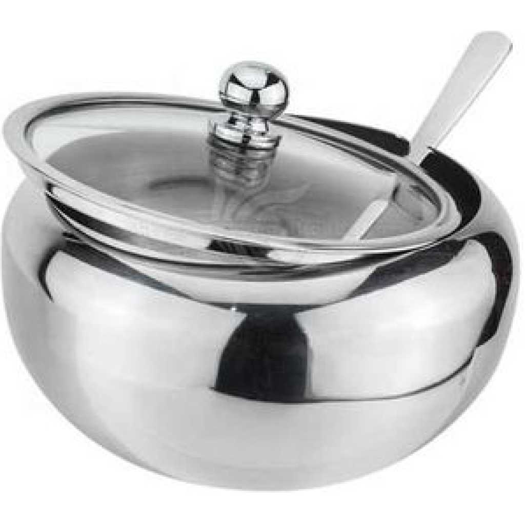 Steel Sugar Bowl With Spoon and Glass Lid Container Jar Condiment Pot - Silver