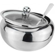 Steel Sugar Bowl With Spoon and Glass Lid Container Jar Condiment Pot – Silver