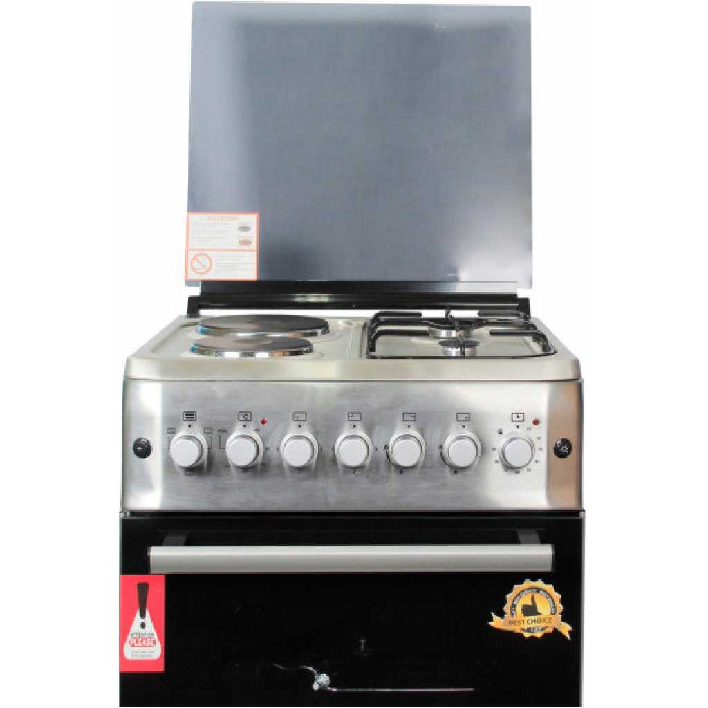 BlueFlame Cooker 60x60cm, 2 Gas Burners And 2 Electric Plates; S6022ERF – IP With Electric Oven& Grill, Auto Ignition, Rotisserie, Oven Lamp - Inox