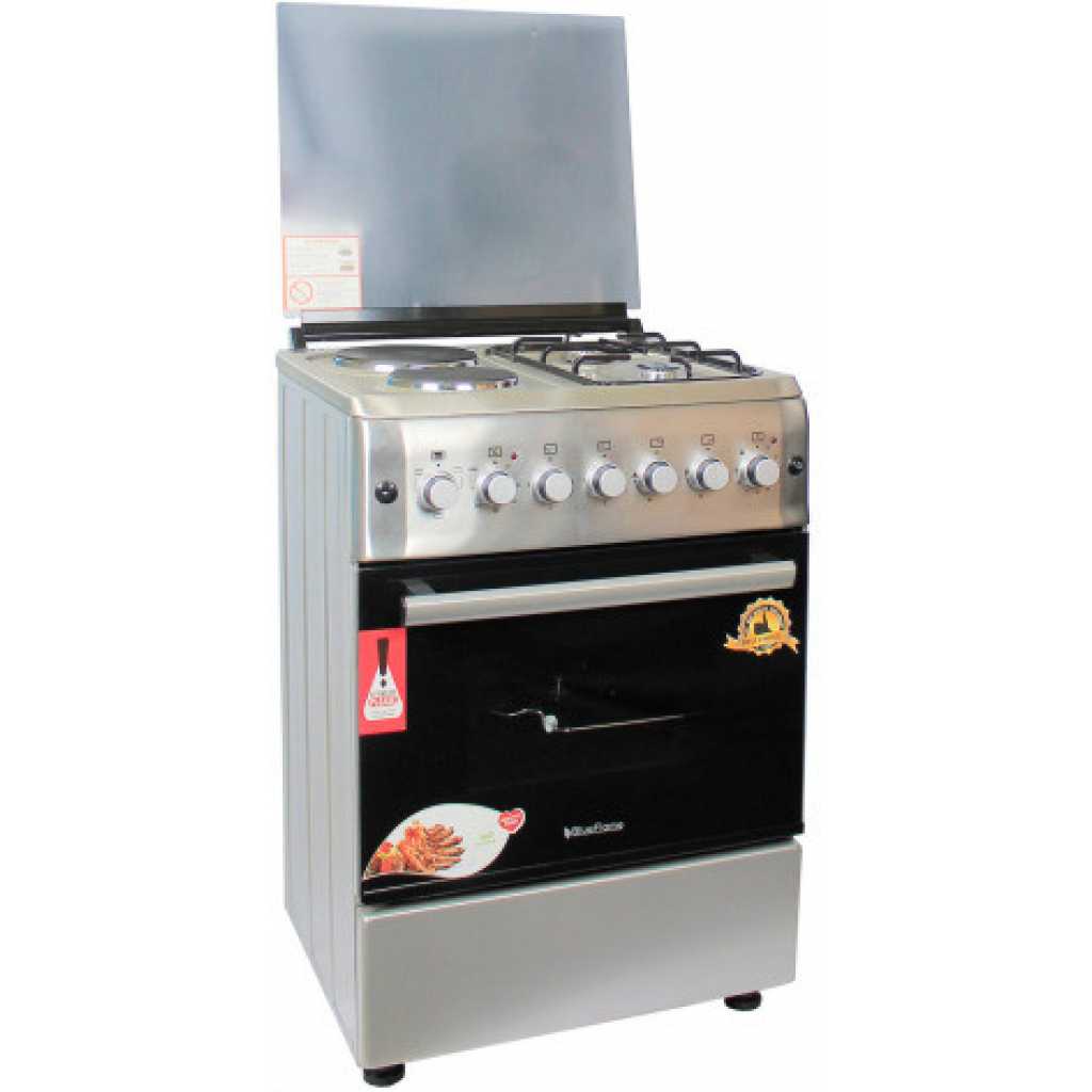 BlueFlame Cooker 60x60cm, 2 Gas Burners And 2 Electric Plates; S6022ERF – IP With Electric Oven& Grill, Auto Ignition, Rotisserie, Oven Lamp  - Inox