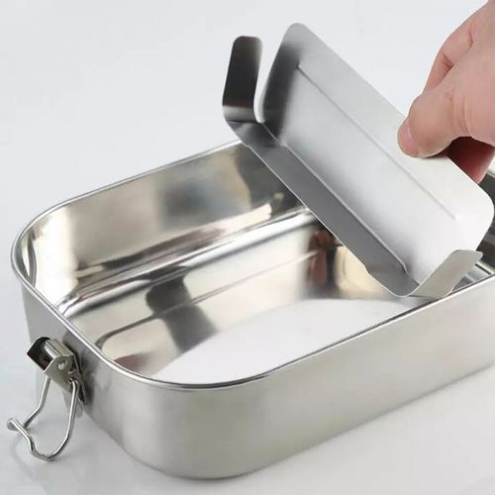 Stainless Steel Rectangle Lunch Box with Buckle Leak-Proof Food Container - Silver