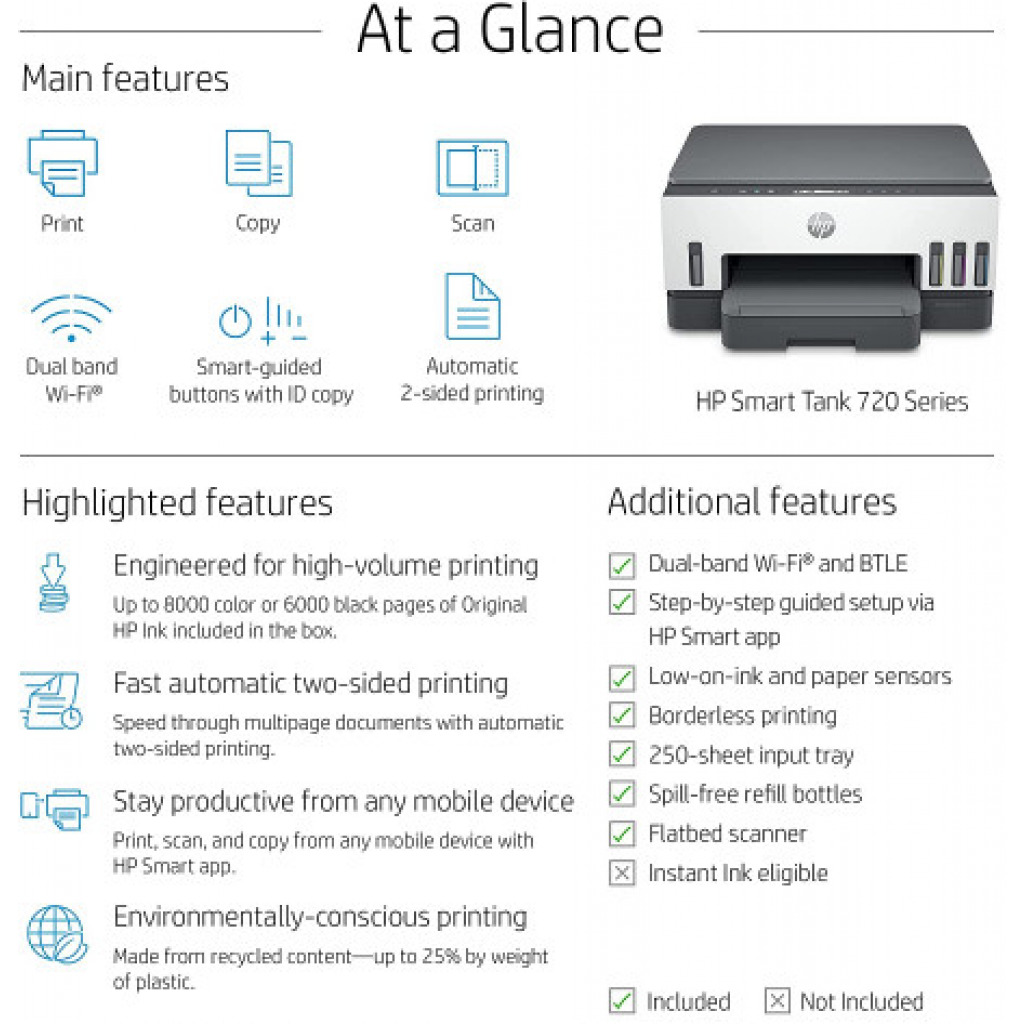 HP 720 WiFi Duplex Printer with Smart-Guided Button, Print, Scan, Copy and Wireless, Hi-Capacity Smart Tank with auto Ink and Paper Sensor