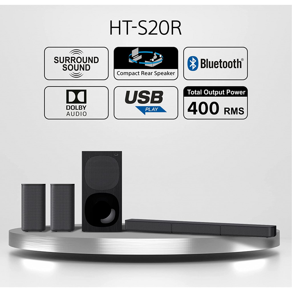 Sony HTS-20R Real 5.1ch Dolby Digital Soundbar for TV with subwoofer and Compact Rear Speakers, 5.1ch Home Theatre System (400W,Bluetooth & USB Connectivity, HDMI & Optical connectivity)