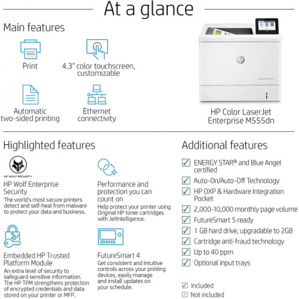 HP Color LaserJet Enterprise M555dn Duplex Printer (7ZU78A) - White