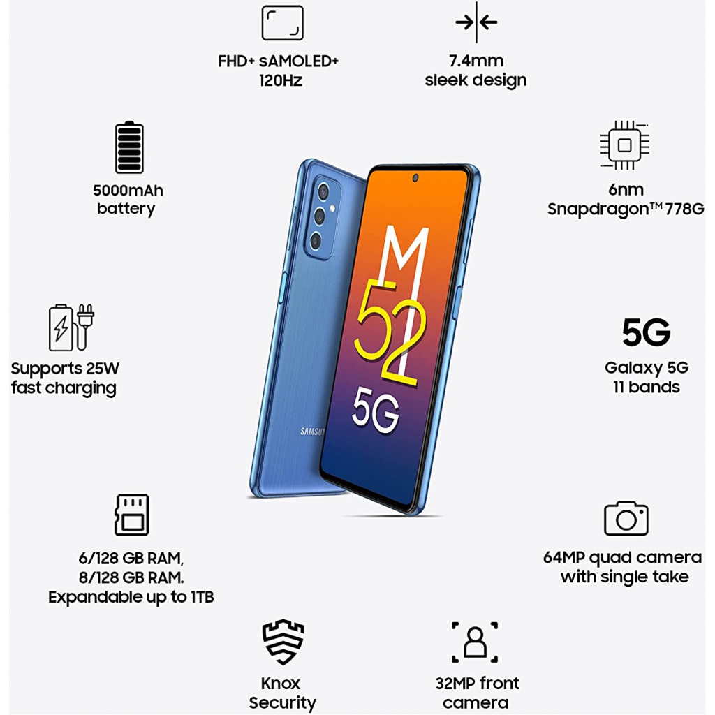 Samsung Galaxy M52 5G (ICY Blue, 8GB RAM, 128GB Storage) 64MP 5000mAH| sAMOLED 120Hz Display