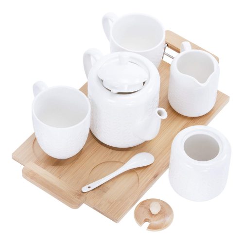 RoyalFord RF9239 6PCS Porcelain Tea Set – Includes 2 Tea Cups, 1 Teapot, 1 Canister, 1 Milk/Cream Pot & Wooden Stand with Handles for Easy Carry