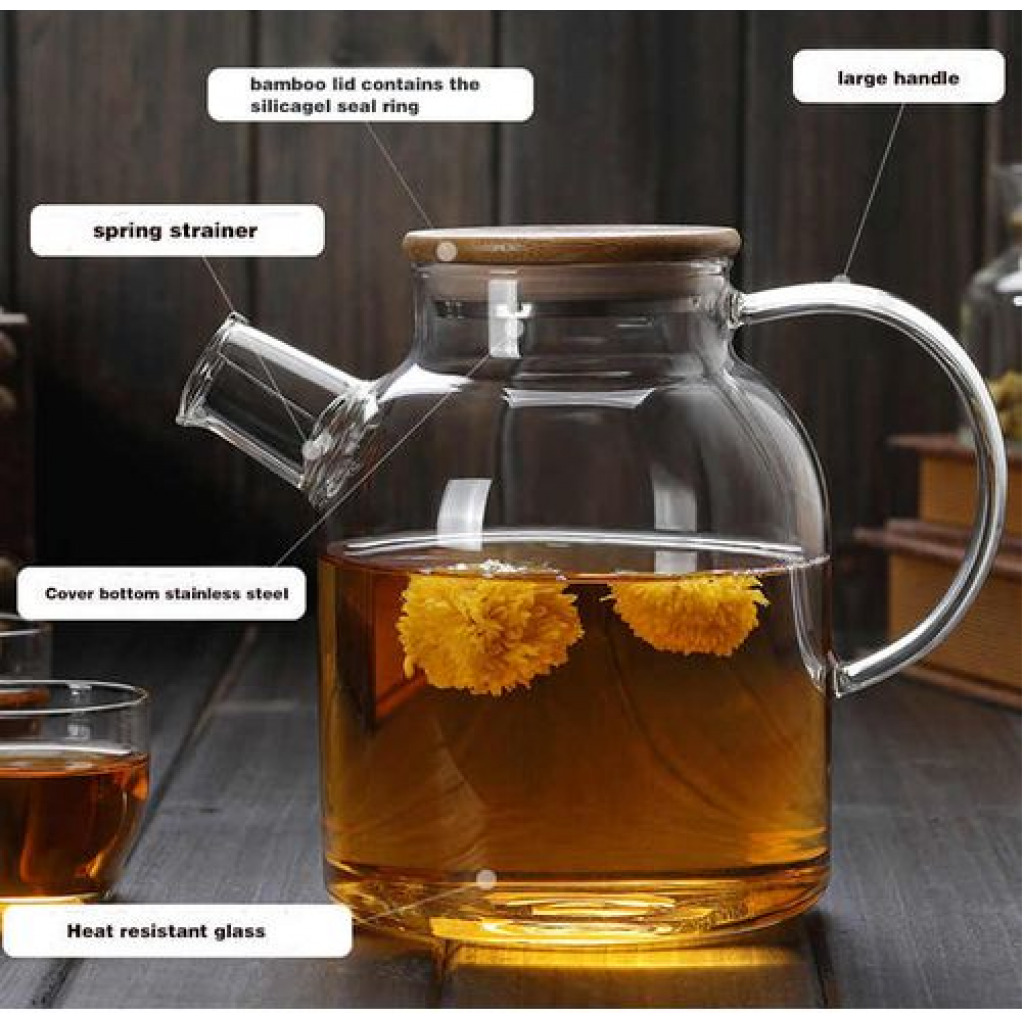 1800ml Glass Teapot Kettle With Whistle Infuser & Bamboo Lid- Clear