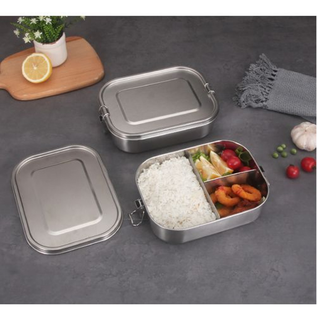 Stainless Steel Rectangle Lunch Box with Buckle Leak-Proof Food Container - Silver