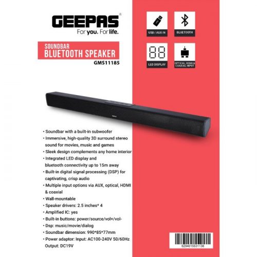 Geepas GMS11185 Sound Bar Bluetooth Speaker - Portable Design Led Display - Black