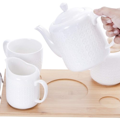 RoyalFord RF9239 6PCS Porcelain Tea Set – Includes 2 Tea Cups, 1 Teapot, 1 Canister, 1 Milk/Cream Pot & Wooden Stand with Handles for Easy Carry