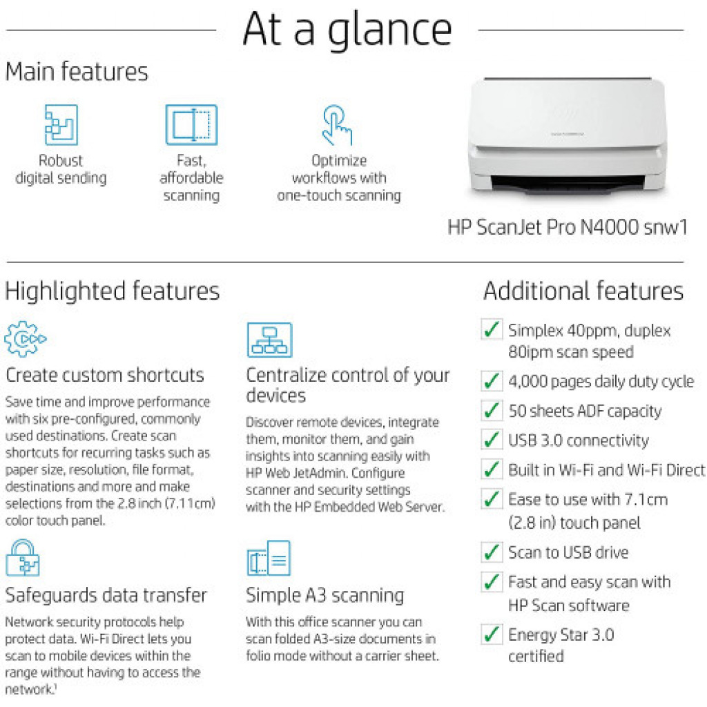 HP ScanJet Pro N4000 snw1 Sheet-feed Scanner (6FW08A)