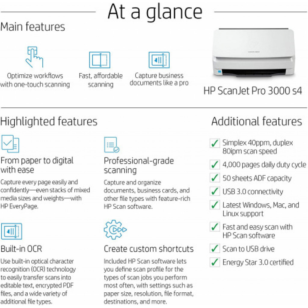 HP ScanJet Pro 3000 s4 Sheet-Feed Scanner (6FW07A)