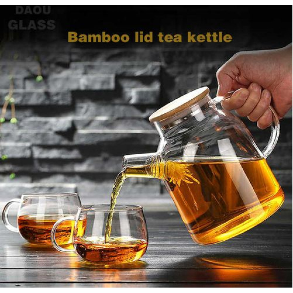 1800ml Glass Teapot Kettle With Whistle Infuser & Bamboo Lid- Clear