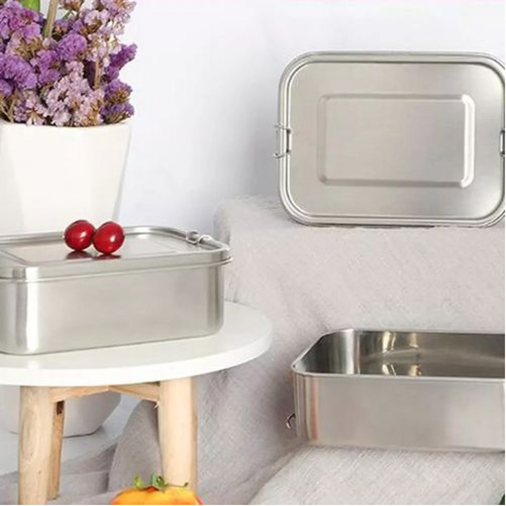 Stainless Steel Rectangle Lunch Box with Buckle Leak-Proof Food Container - Silver