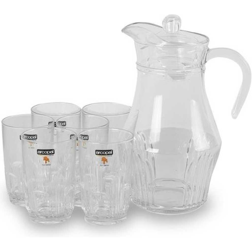 Arcopal Elegant Jug Pitcher And Quality 6 Drinking Glasses-Transparent