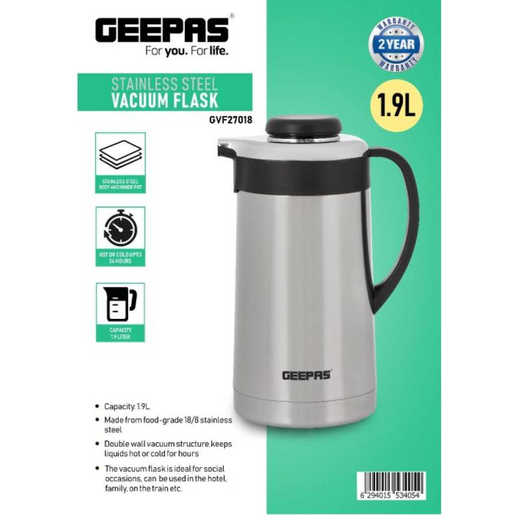 Geepas 1.9L Stainless Steel Vacuum Flask, Double Walled Airpot, GVF27018