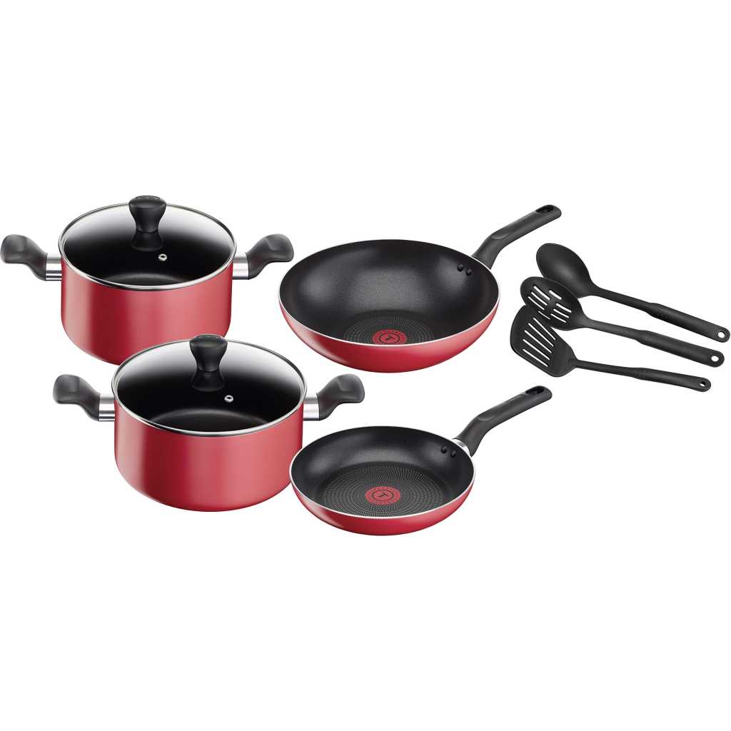 Tefal Super Cook Non Stick with Thermo-spot 9 Pcs Cooking Set, Red, Aluminium, B243S986