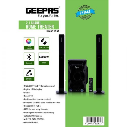 Geepas GMS11151 2.1 Home Theatre - System /Usb/Sd/Fm/Rmt/Bt, Bluetooth, Digital LED Display, Remote Control | Ideal For Movies, Music, FM Radio & More