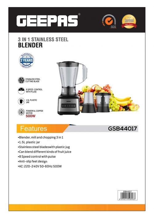 Geepas GSB44017 3 In 1 Blender; 8 Speed Control , 1.5L Plastic jar.