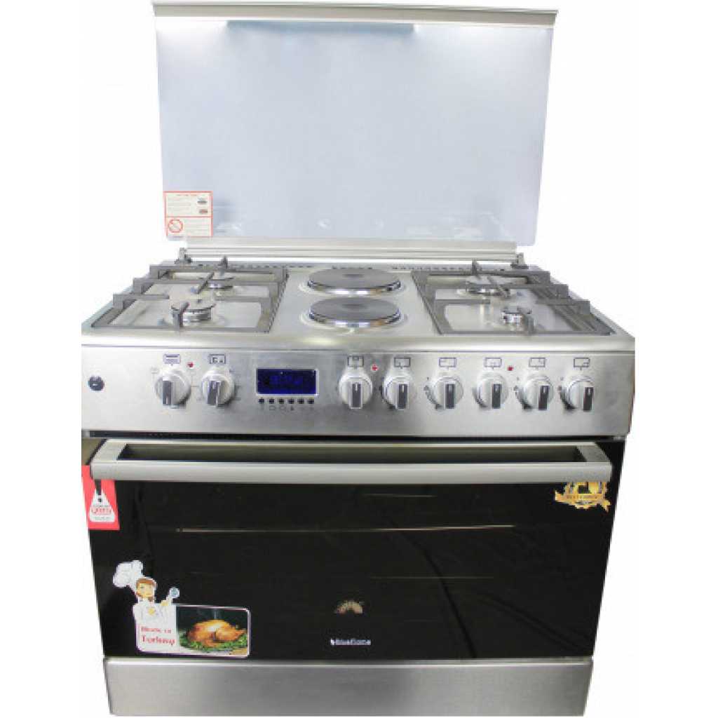 BlueFlame 90x60cm Cooker E9042ERF; 4 Gas Burners + 2 Electric Hotplates, Auto Ignition, Thermostat, Electric Oven & Grill, Oven Fan, Oven Lamp, Rotisserie, Digital Timer, Cast Iron Pan Supports, Glass Lid - Inox