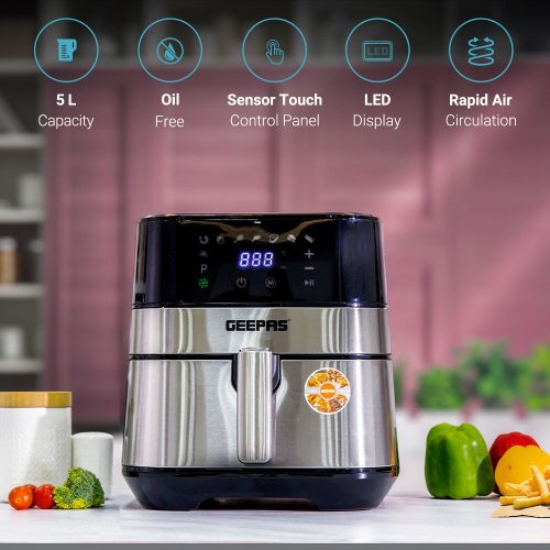 Geepas GAF37510 5L Digital Air Fryer - Electric Air Cooker With Digital Touch Screen & 60 Minute Timer, Led Display, Auto Shut Off | 2 Years Warranty