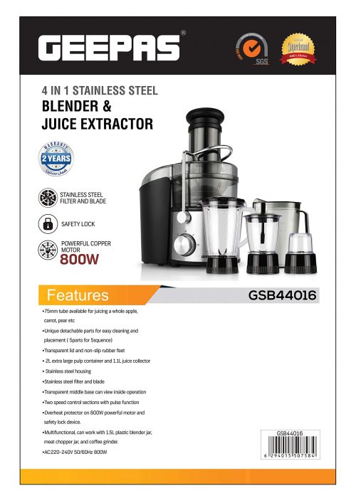 GEEPAS 4-in-1 Blender And Juice Extractor, Black, GSB44016