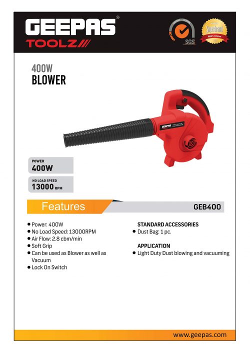 Geepas Electric Blower- GEB400-240 | 13000 RPM No Load Speed, Perfect For Home And Business Use| 2.8 M3/Min Airflow, Comfortable Grip| Ergonomic Design And Lightweight Body