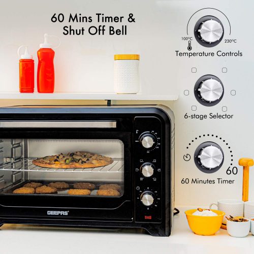 Geepas 42L GO4450 Mini Oven & Rotisserie – Electric Oven 2000W & 60 Minutes Timer – Grill Function & 6 Selectors for Baking, Roasting & Grilling - Accessories Included – 2 Years Warranty