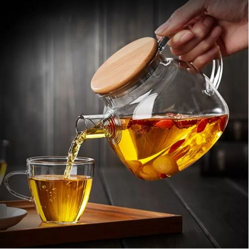 1000ml Glass Teapot Kettle With Whistle Infuser & Bamboo Lid- Clear