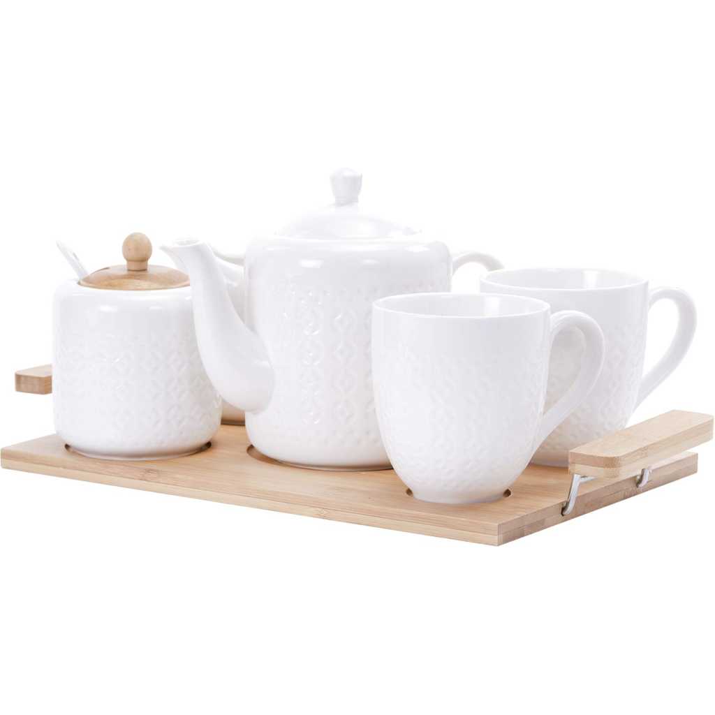 RoyalFord RF9239 6PCS Porcelain Tea Set – Includes 2 Tea Cups, 1 Teapot, 1 Canister, 1 Milk/Cream Pot & Wooden Stand with Handles for Easy Carry