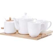 RoyalFord RF9239 6PCS Porcelain Tea Set – Includes 2 Tea Cups, 1 Teapot, 1 Canister, 1 Milk/Cream Pot & Wooden Stand with Handles for Easy Carry