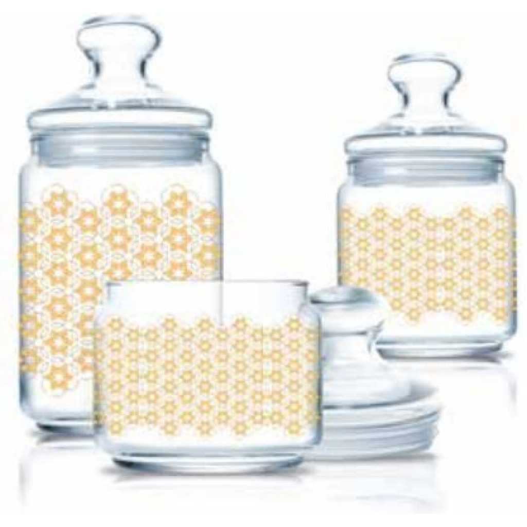 Luminarc 3 Pc Golden Flower Maze Sugar Bowl, Food Storage Jar Container Set, Colourless.