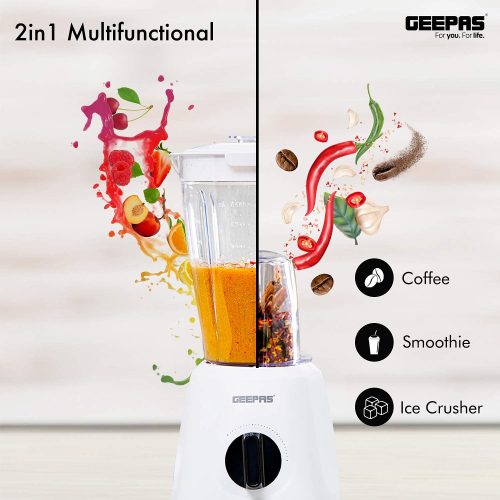 Geepas GSB44027 500W 2 in 1 Multifunctional Blender | Stainless Steel Blades, 2 Speed Control with Pulse | 1.5L Jar, Interlock Protection| Ice Crusher, Chopper, Coffee Grinder & Smoothie Maker